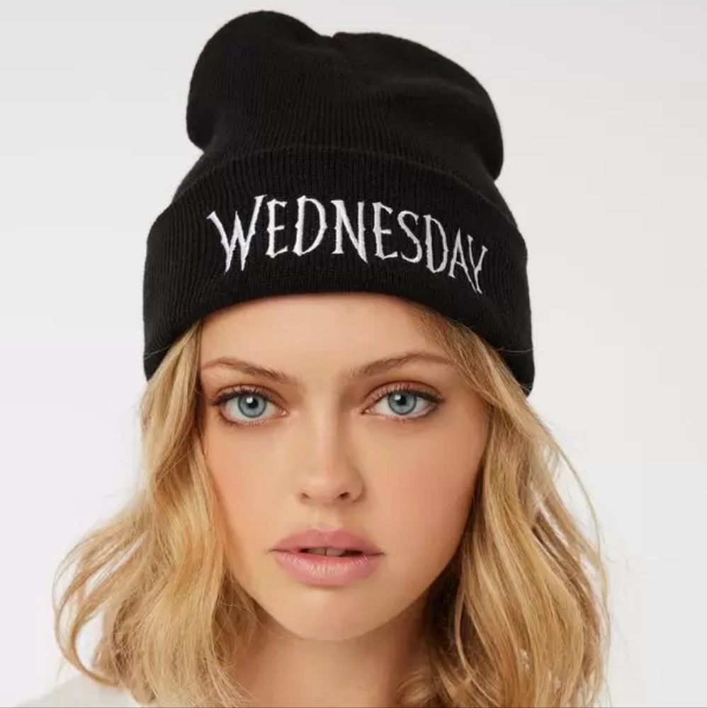 MAD ENGINE Knit Black Beanie Toque Adams Family WEDNESDAY Embroidery OS